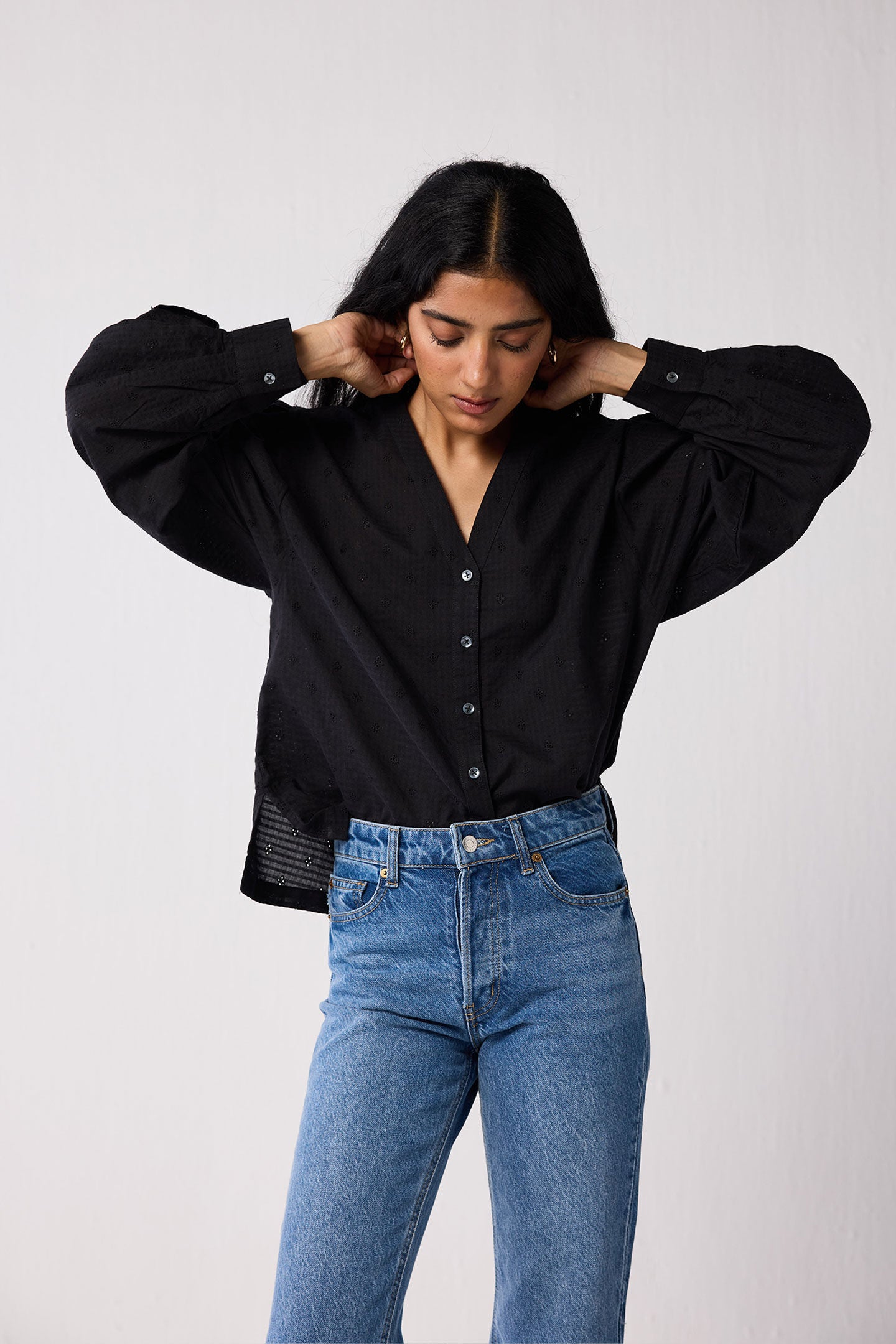 Embroidered Shirt with Long Balloon Sleeves in Black, Black / Black, alternate image number 5