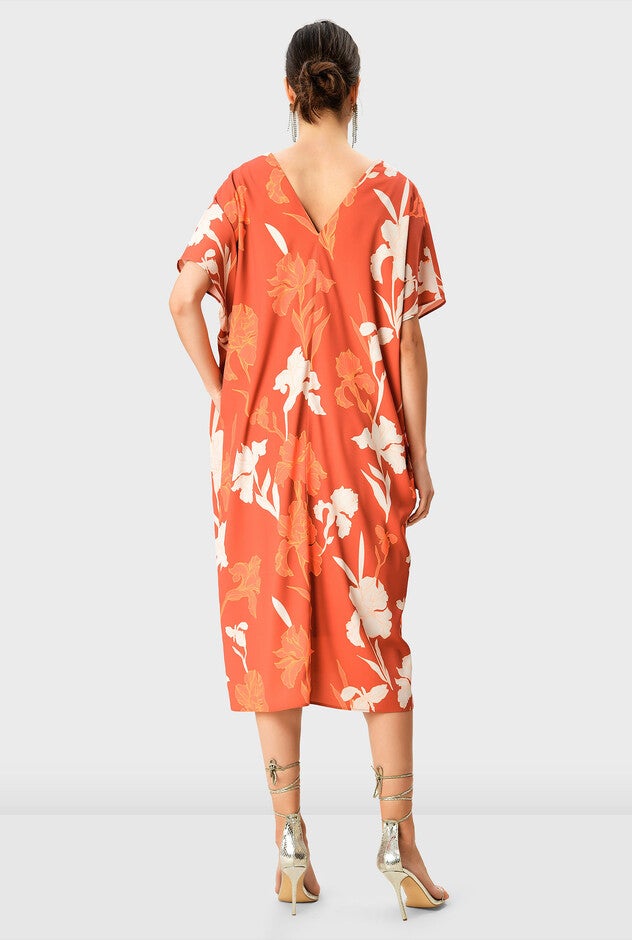 Tropical Floral Print Crepe Kaftan, Coral / Orange, alternate image number null