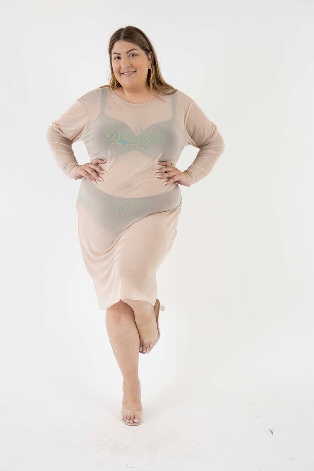 The Ghost Mesh Xray Dress with a Jewel Neckline, Nude / Beige, alternate image number 2
