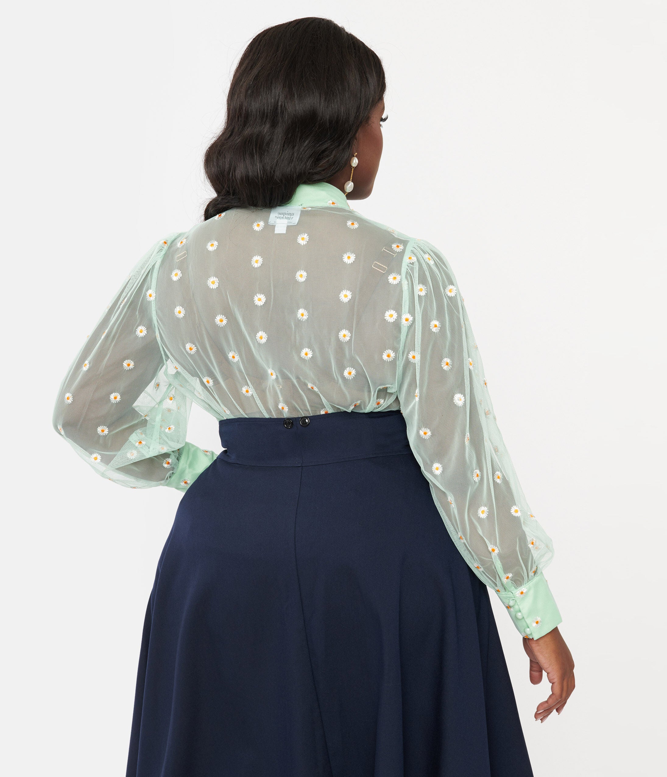 Unique Vintage Green & White Daisy Print Sheer Gwen Blouse, Greenwhite daisy / Light Green, alternate image number 1