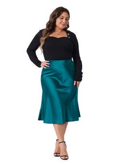 Silky Satin High Waist Hidden Elasticized Waistband Midi Skirt