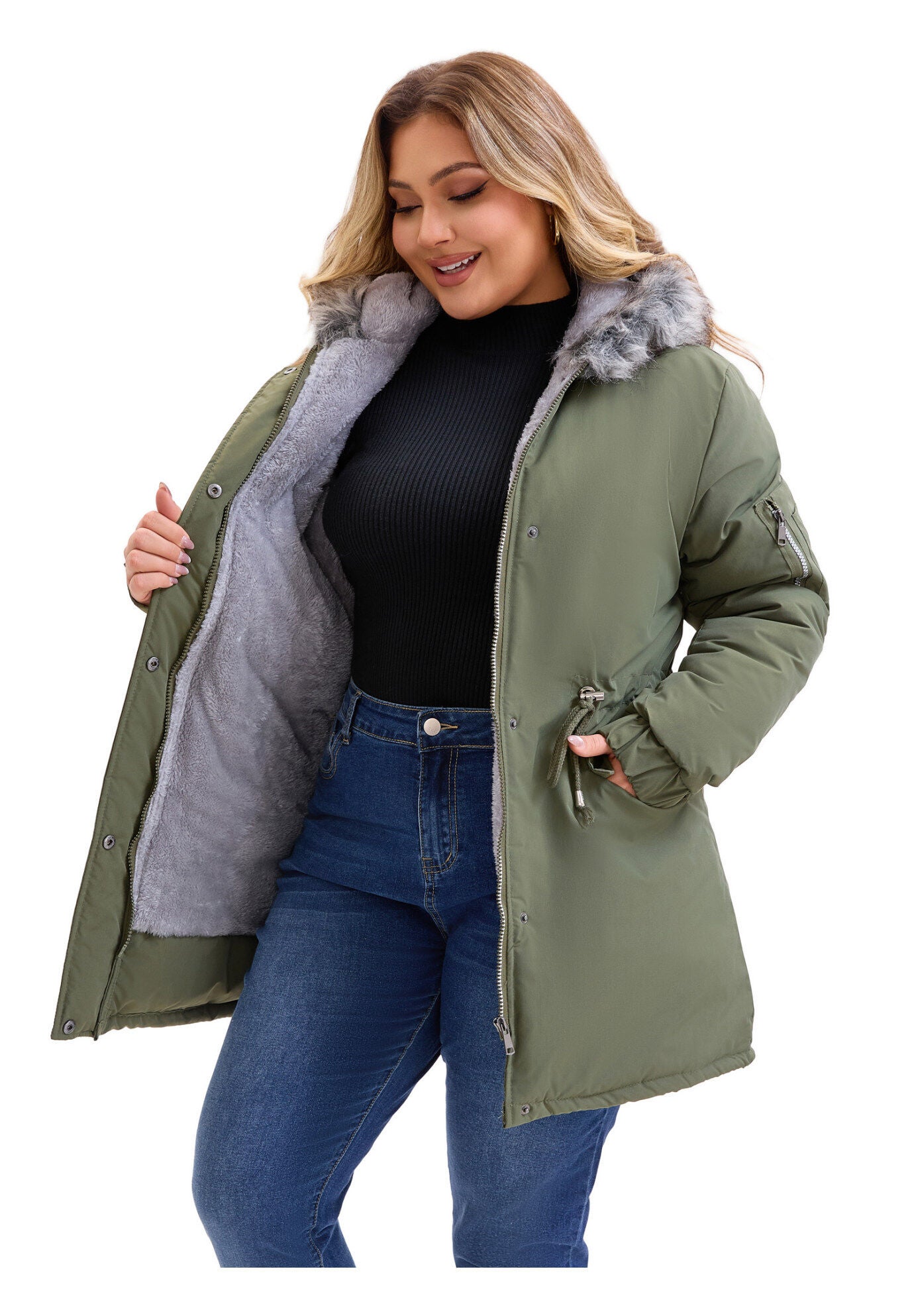 Drawstring Waist Fleece Winter Coat with Pockets, Army Green / Olive Green, alternate image number 1
