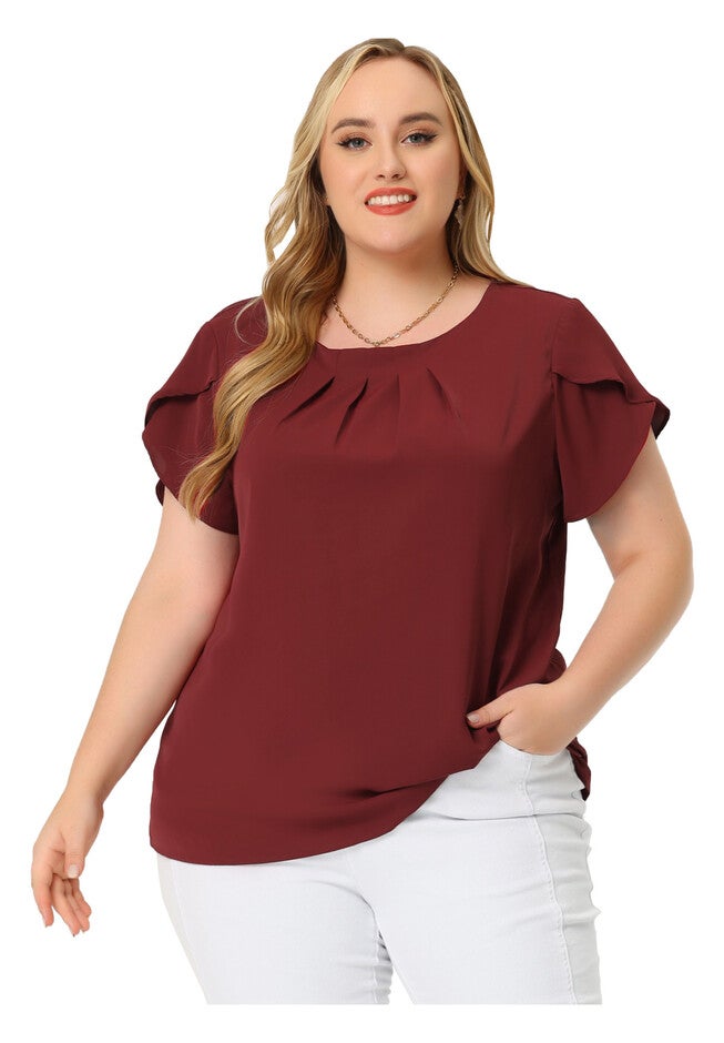 Round Neck Pleated Top Tulip Sleeves Blouse Top, Red / Red, hi-res image number 0