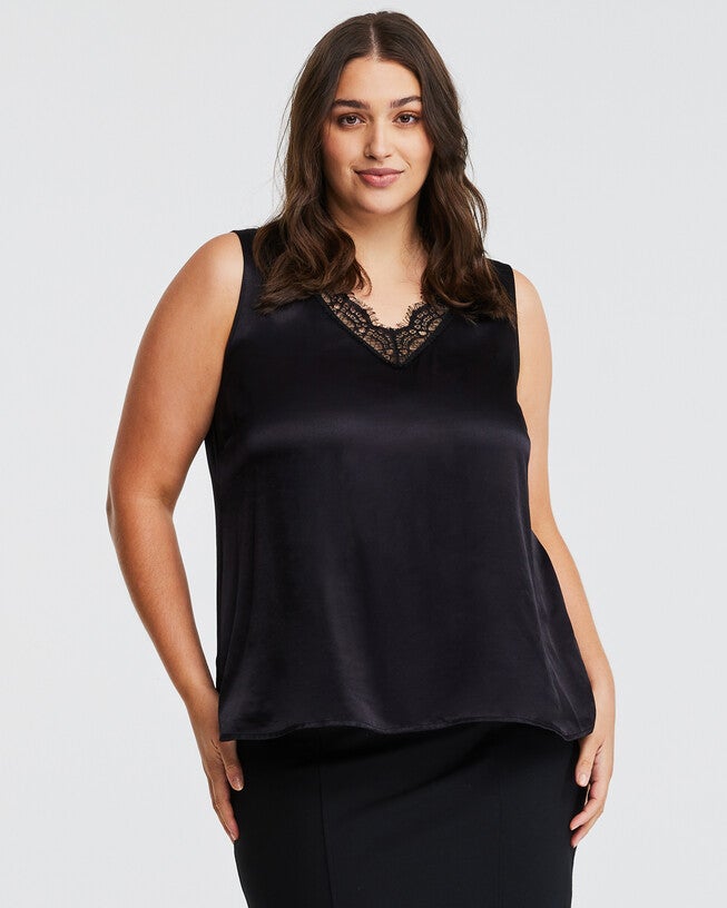 Alessandra Lace Satin Camisole Top, Black / Black, hi-res image number 0