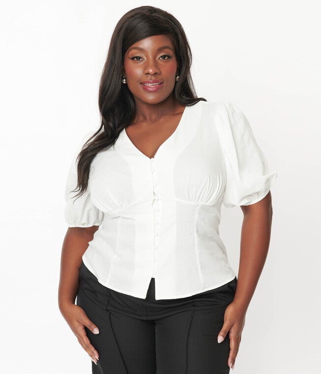 Unique Vintage White Heart Puff Sleeve Blouse, , alternate image number null