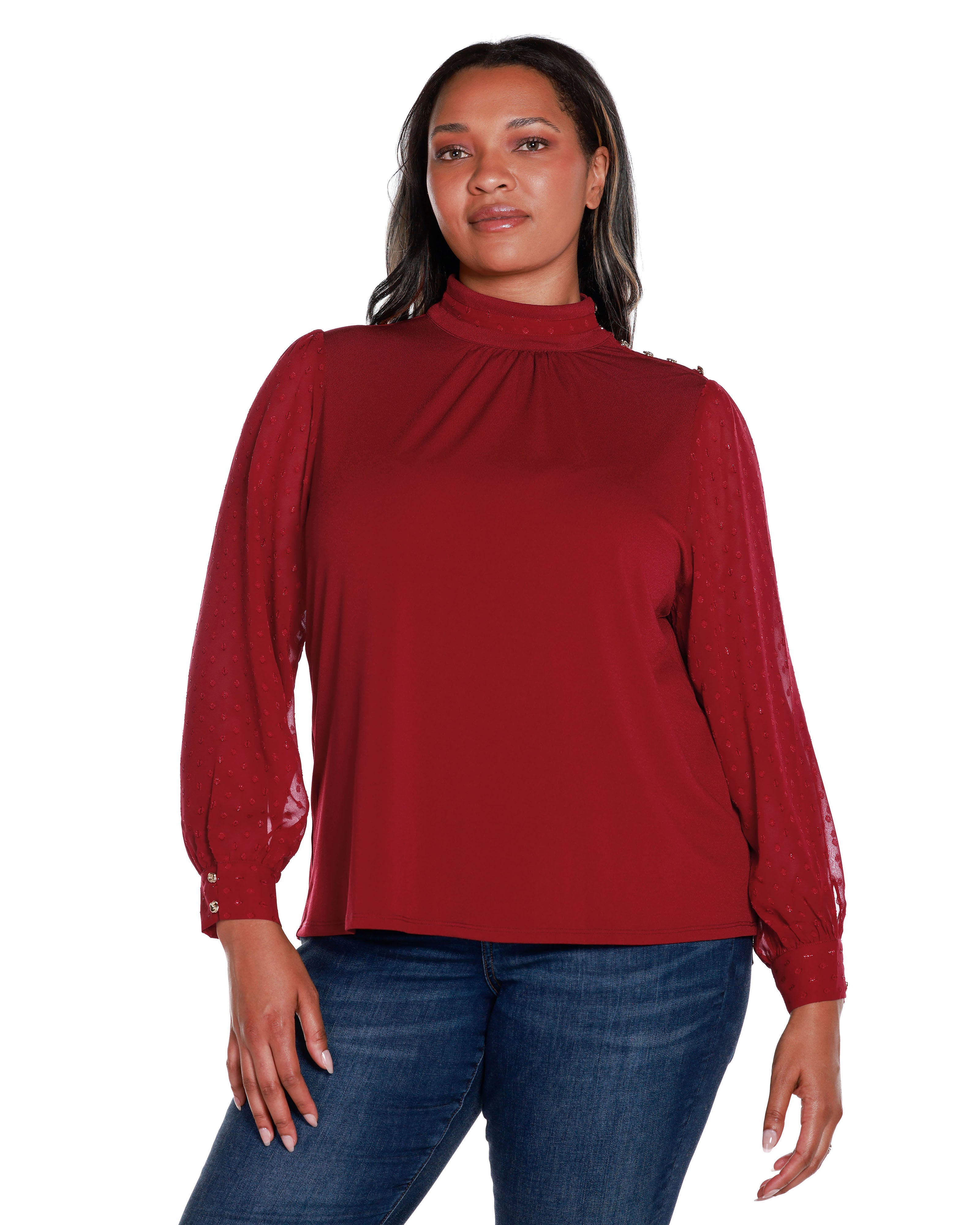 CLIP-DOT CHIFFON SLEEVE KNIT BLOUSE, Cranberry / New Wine, hi-res image number 0
