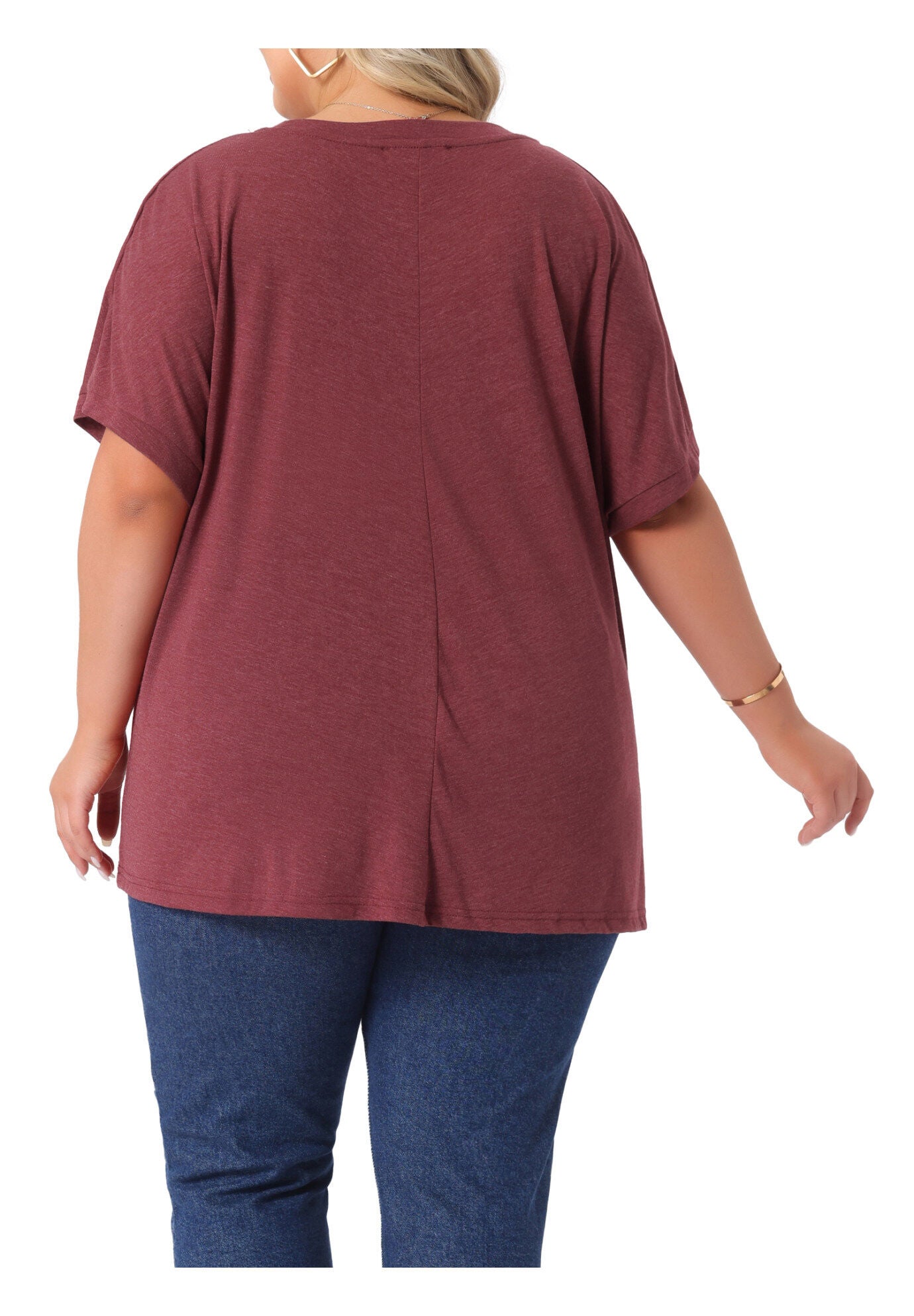Short Sleeve Top Loose Fit Summer T-Shirt with Pocket, Burgundy / Burgundy, alternate image number 3