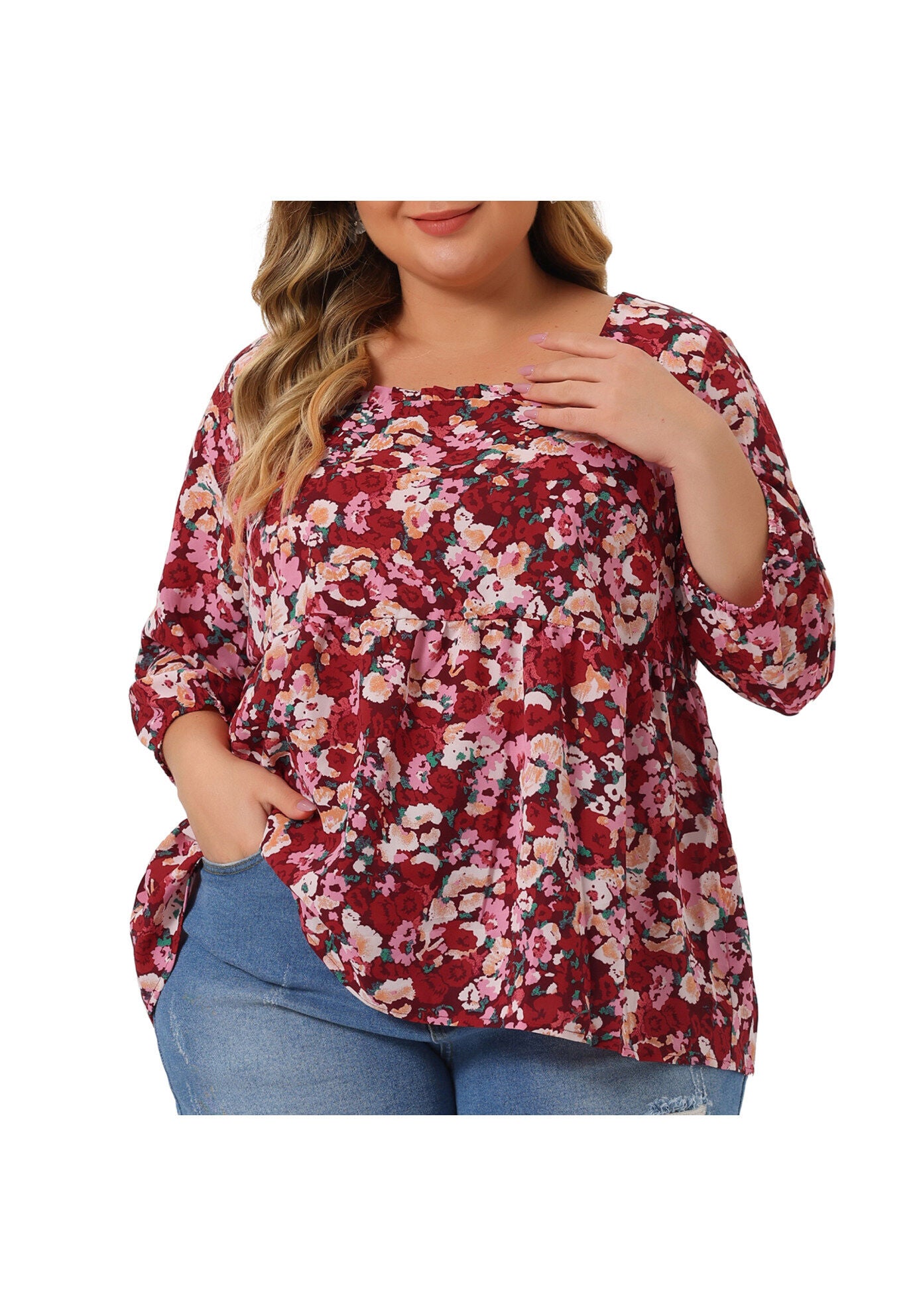 3/4 Sleeve Floral Peplum Babydoll Blouse, Red / Red, alternate image number 2