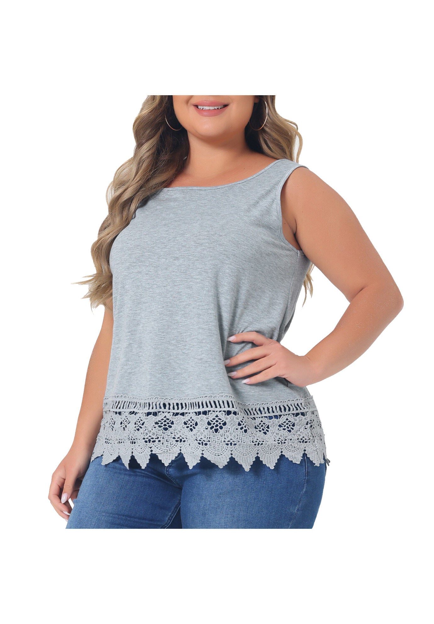 Round Neck Sleeveless Swing Lace Panel Flowy Top, Grey / Light Grey, alternate image number 4