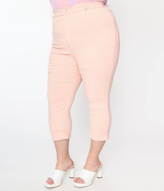 Unique Vintage Pink & White Pin Dot Heart Pocket Rachelle Capri Pants, , alternate image number null