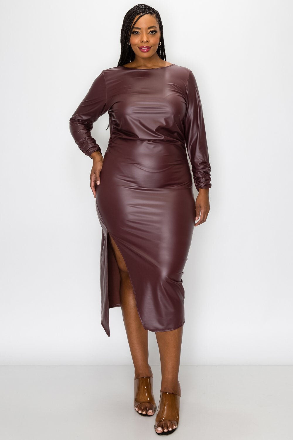 FAUX LEATHER RUCHED SLEEVES MIDI DRESS, Burgundy Faux Leather / Burgundy, hi-res image number 0