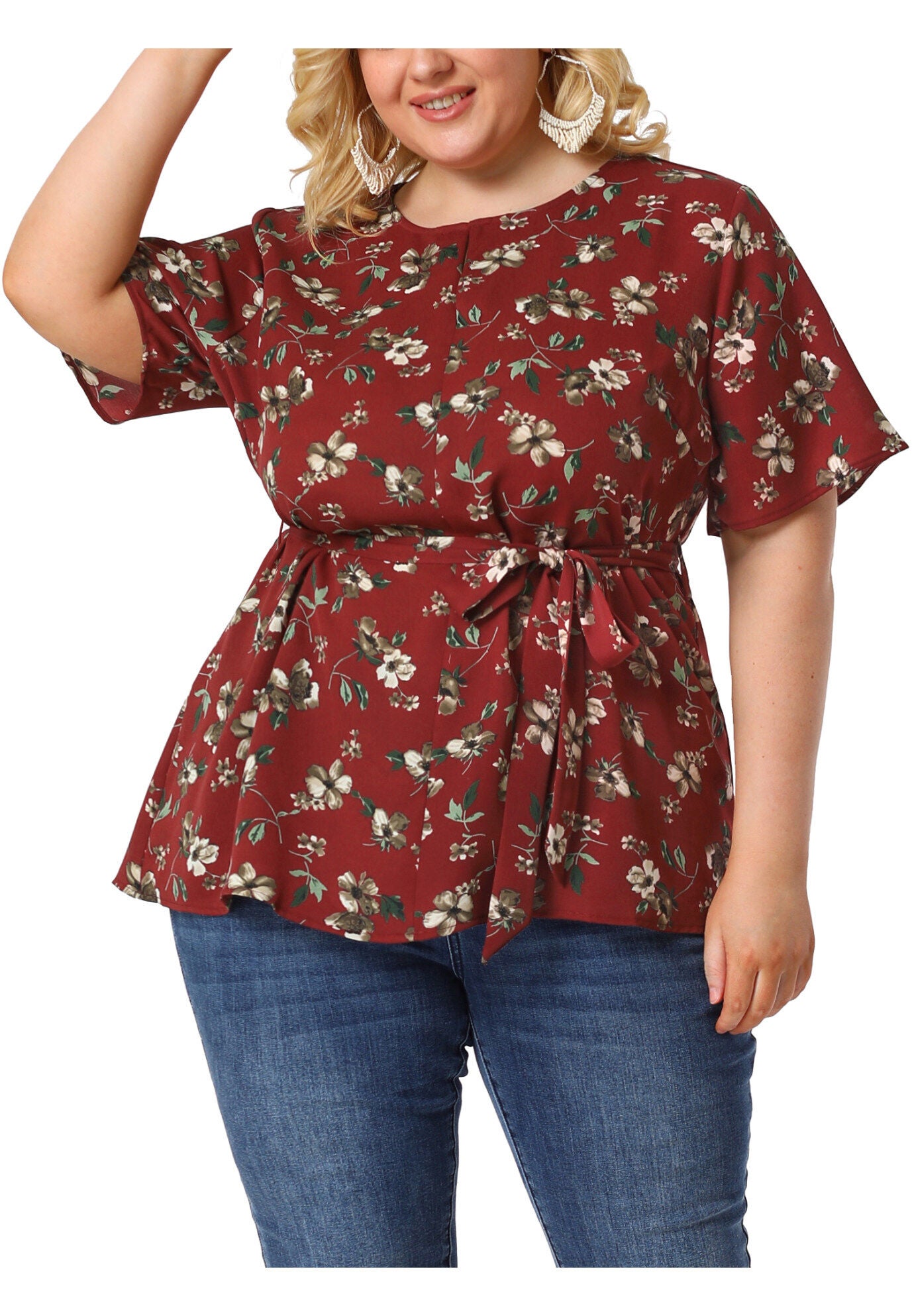 Tie Waist Floral Print Blouse Peplum Summer Top, Burgundy / Burgundy, alternate image number 2