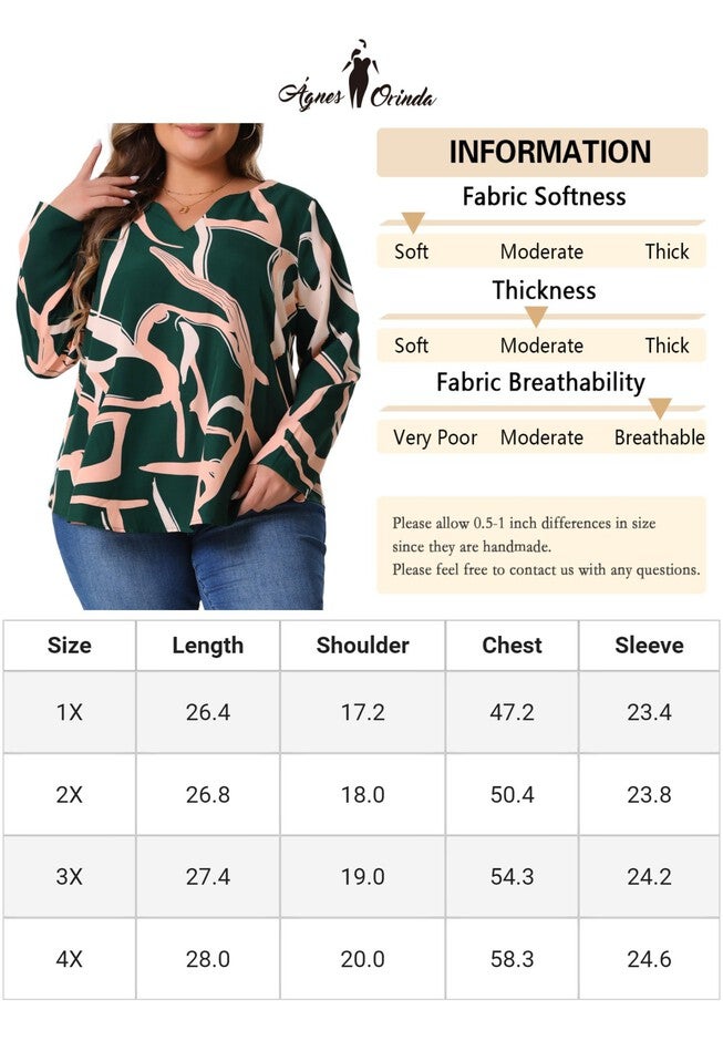 V Neck Long Sleeve Printed Shirt Blouse, Green / Forest Green, alternate image number 3