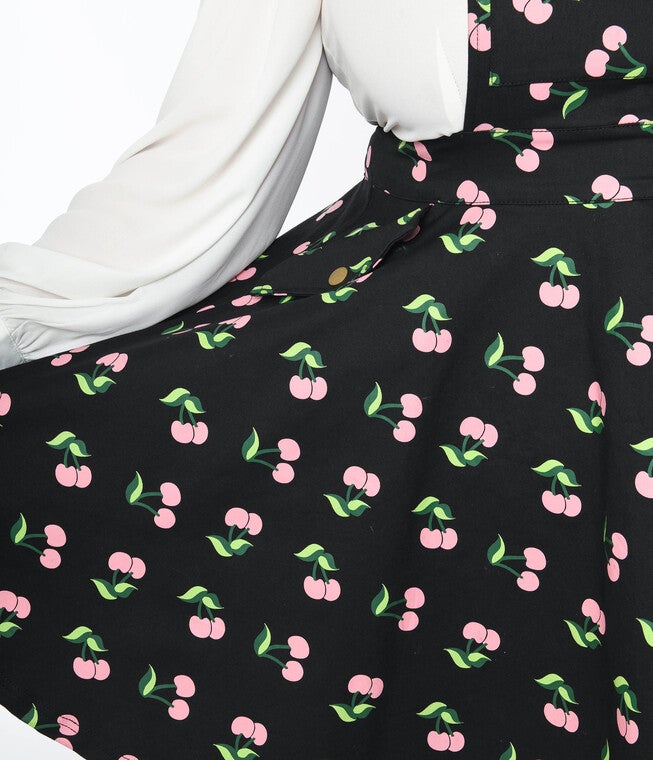 Unique Vintage Black & Pink Cherries Brionne Pinafore Skirt, BlackPink Cherries / Black, alternate image number null