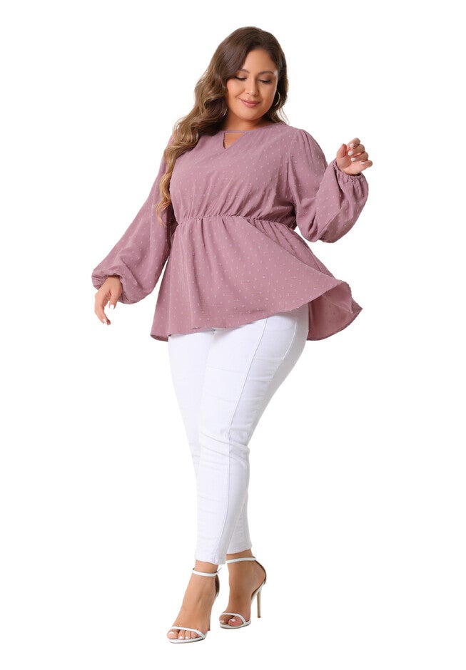 Textured Keyhole Cut Out Long Sleeve Swiss Dots Babydoll Peplum Blouse, Pink / Mauve, hi-res image number null