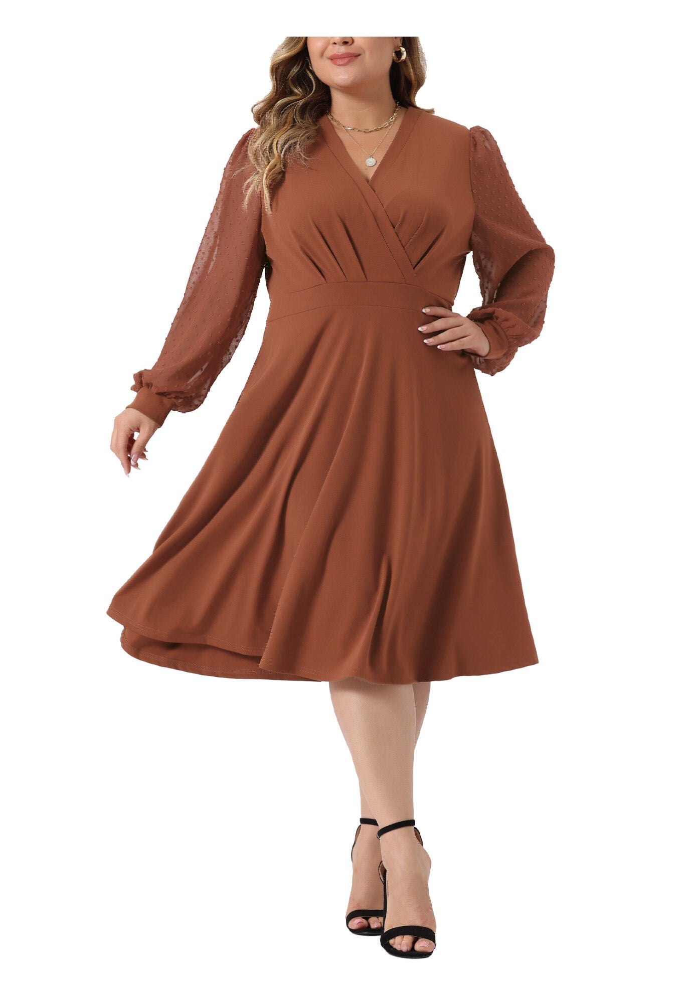 Long Sleeve Swiss Dots Formal Knee Length Dress, Caramel / Brown, alternate image number 2