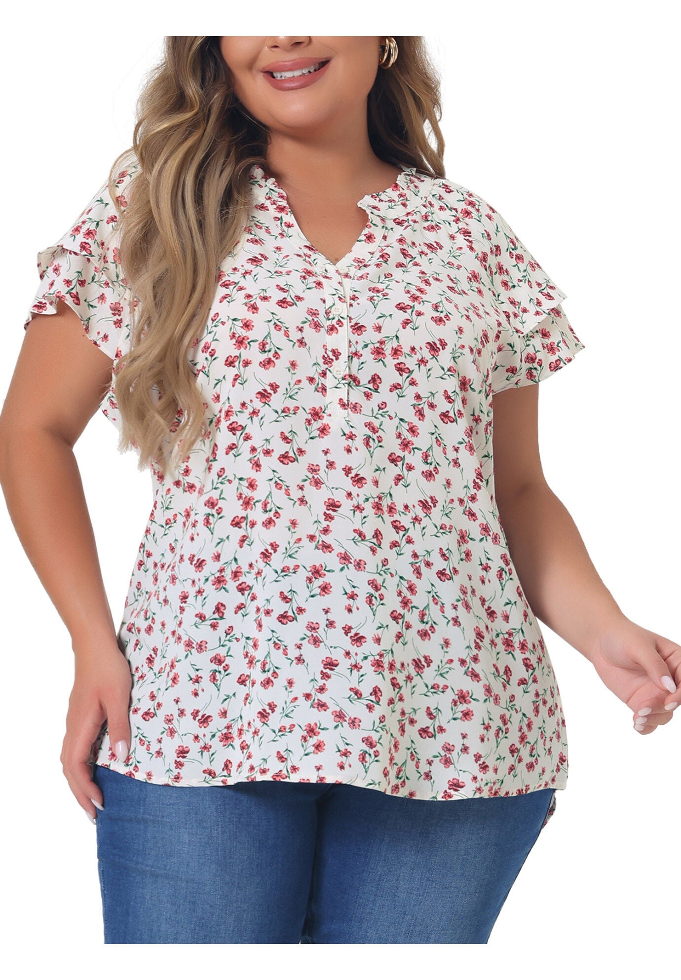 Floral Ruffle Trim V Neck Layered Sleeve Blouse, Pink White / White, alternate image number 2