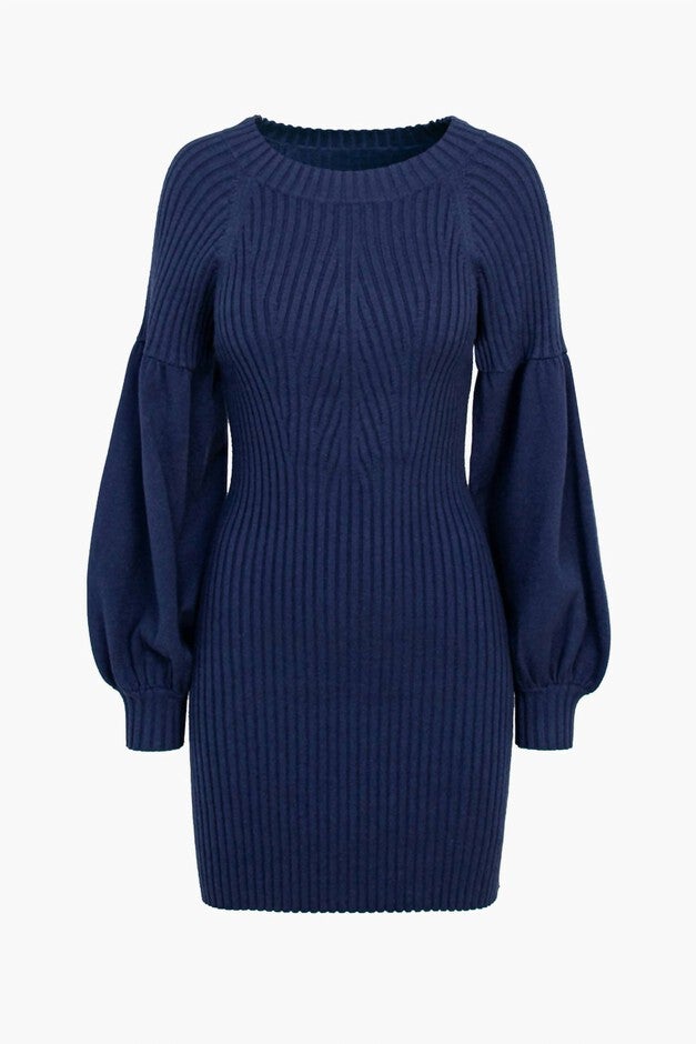 Mellie Ribbed Puff Sleeve Sweater Dress in Marine Blue, , alternate image number null
