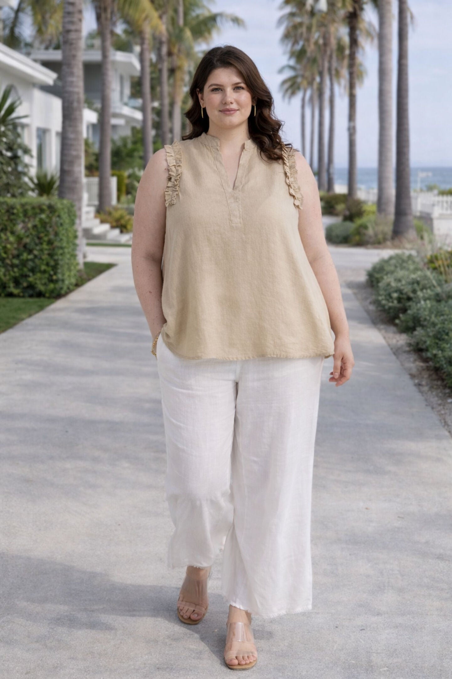 Sleeveless Hemp Top with Ruffles in Neutral Beige, Neutral Beige / Beige, alternate image number 4