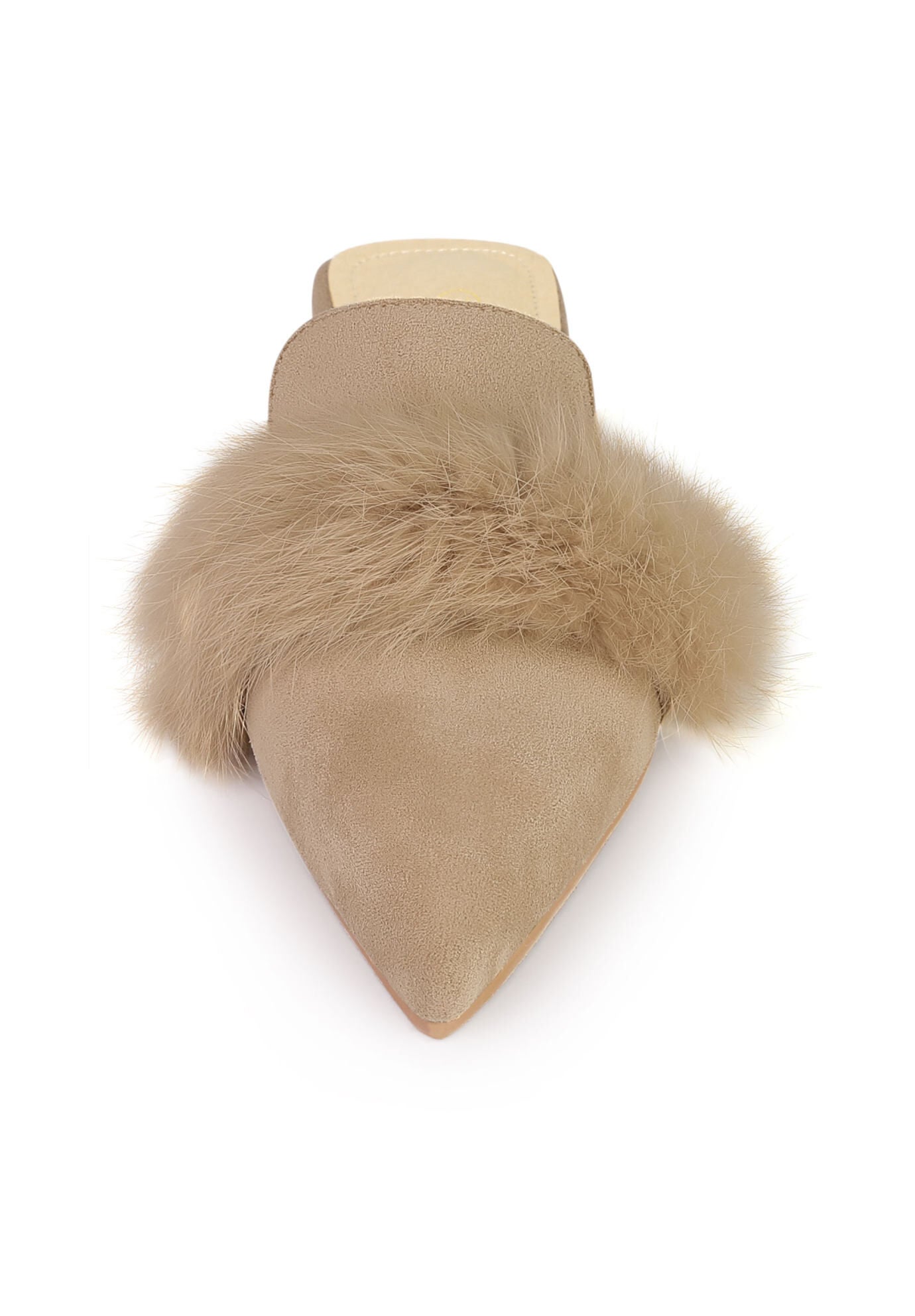 Pointed Toe Faux Fur Slip on Flat Slide Mules, Beige / Beige, alternate image number 1