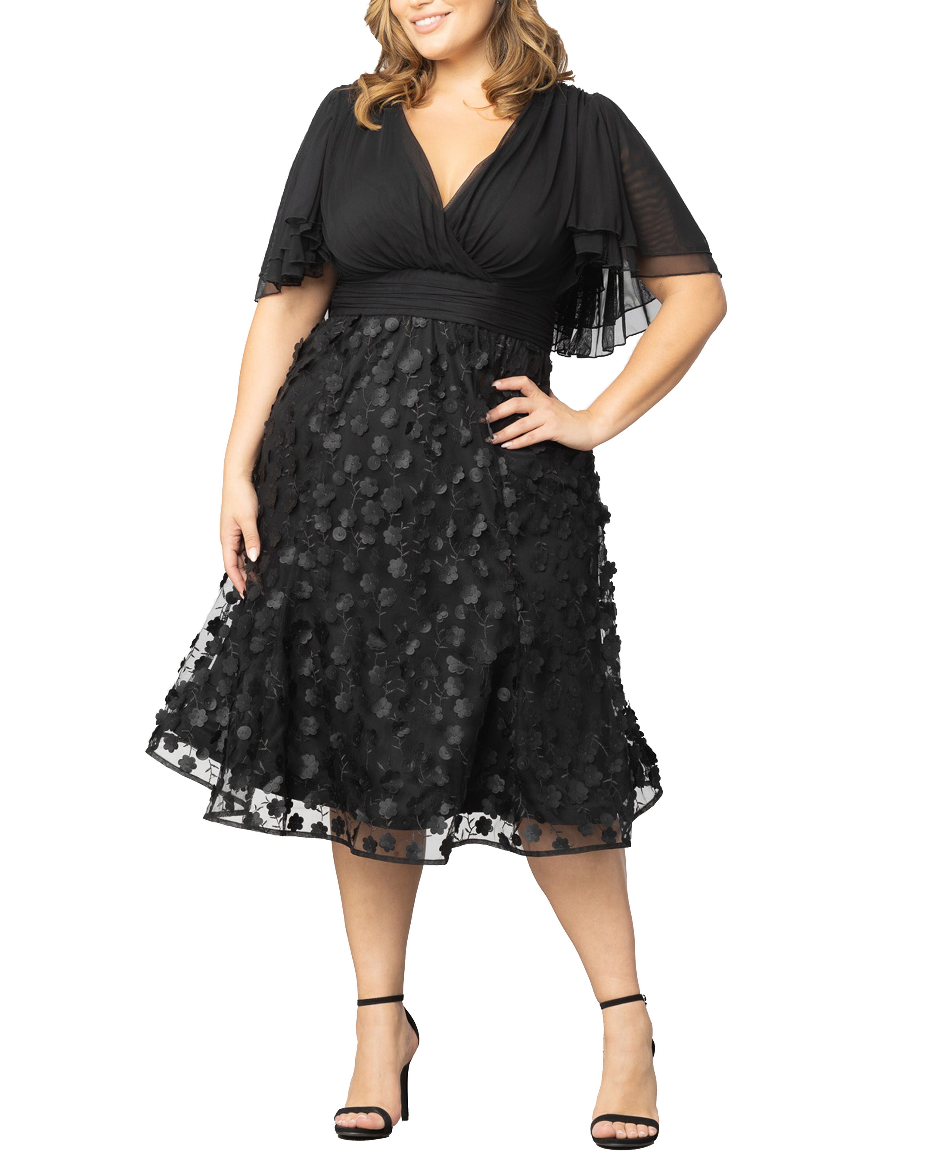 Pretty Petals Mesh Cocktail Dress, ONYX BLOSSOMS / Black, hi-res image number 0
