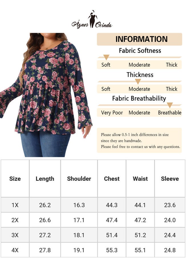 Floral Bell Long Sleeve Crew Neck Shirt Peplum Babydoll Top, Navy Blue / Navy, alternate image number null