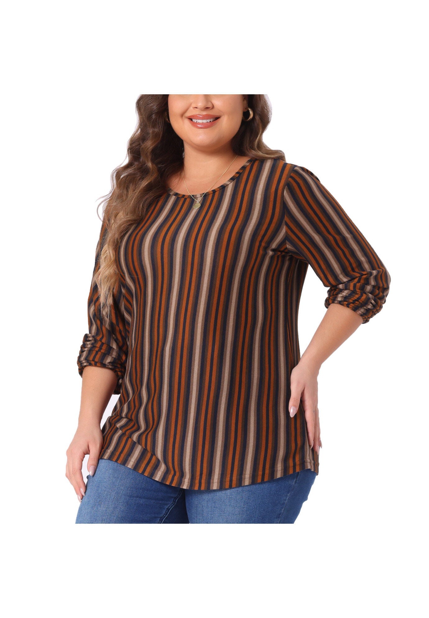 Boho Color Block Elastic Cuff Long Sleeve Striped Top, Orange / Orange, alternate image number 1