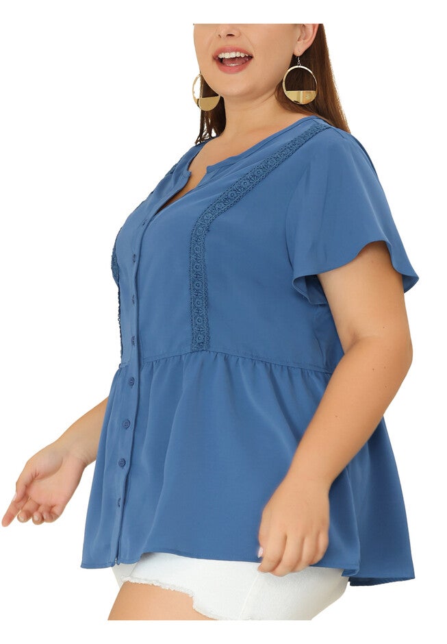 Button Down V Neck Blouse Shirt Short Sleeve Flare Peplum Top, Dark Blue / Navy, alternate image number 1