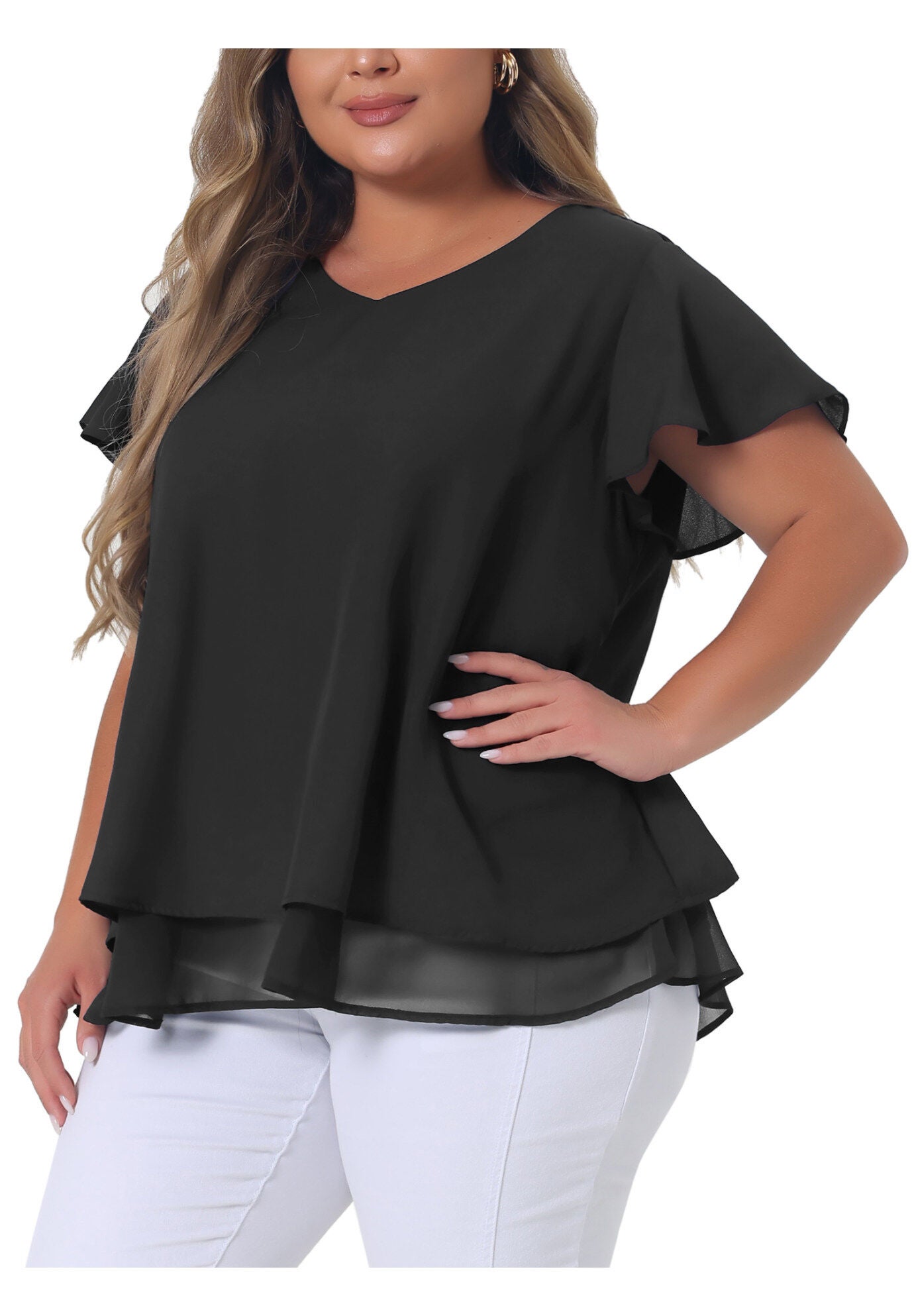 Summer Top Ruffle Short Sleeve V Neck Double Layered Hem Chiffon Blouse, Black / Black, alternate image number 1