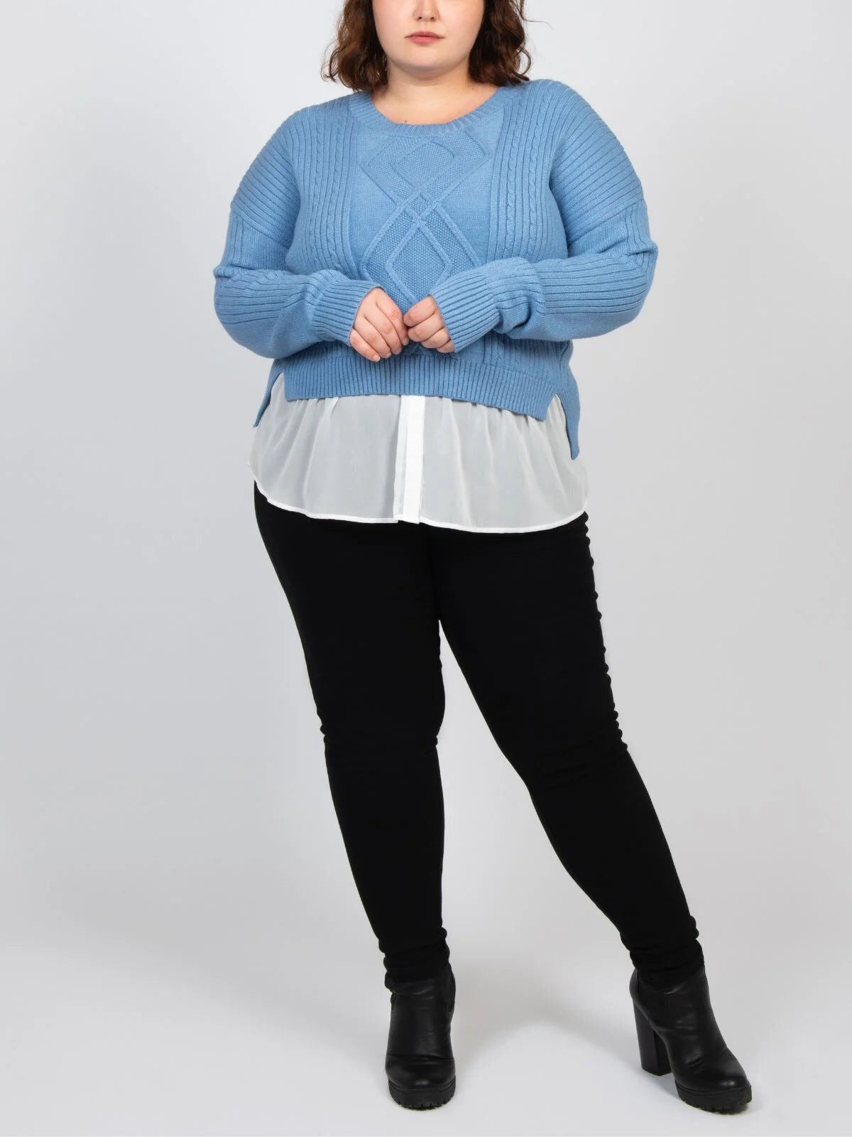 Ophelia Faux Layered Knit Sweater Shirt Effect, Blue / Light Blue, alternate image number 3