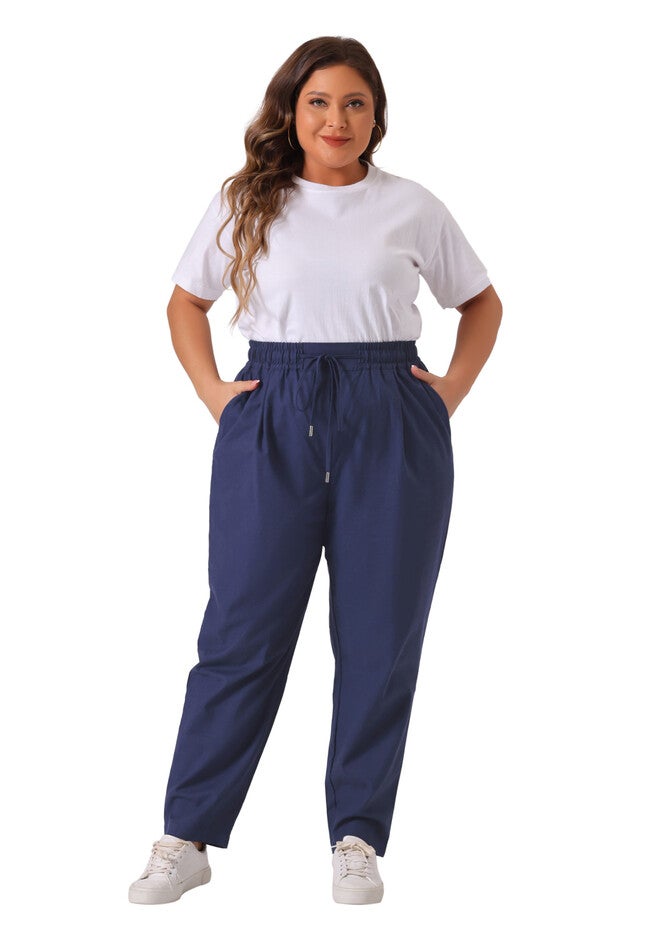 STRAIGHT LEG DRAWSTRING ELASTIC LOOSE TROUSERS, Navy Blue / Navy, hi-res image number 0