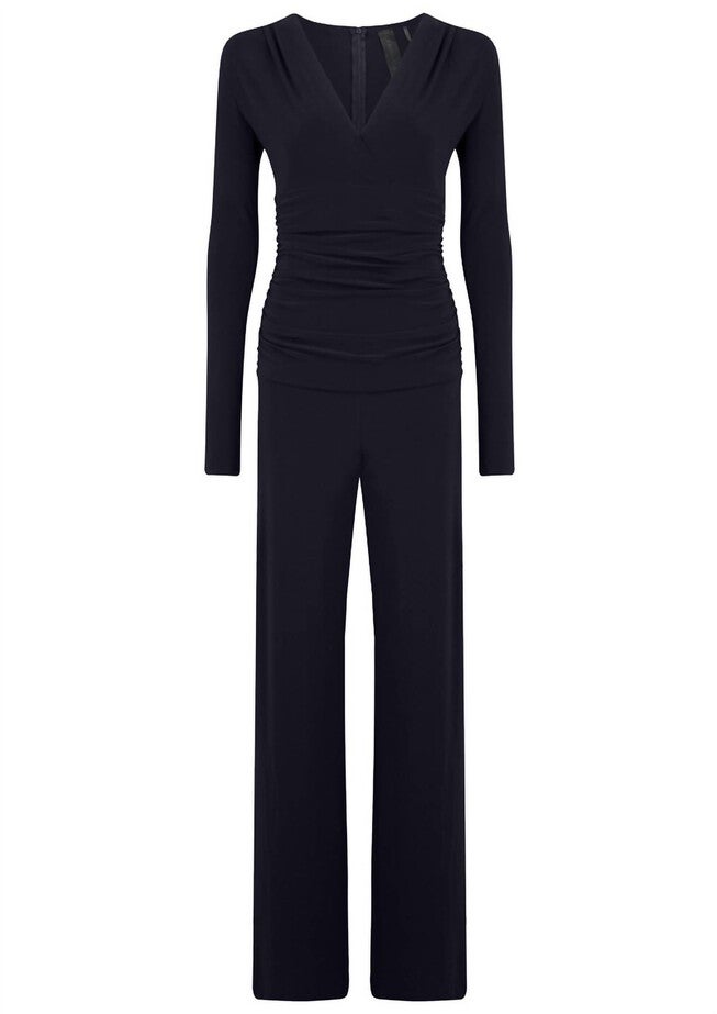 V NECK LONGSLEEVE SHIRRED WAIST JUMPSUIT IN MIDNIGHT, Midnight / Black, hi-res image number null