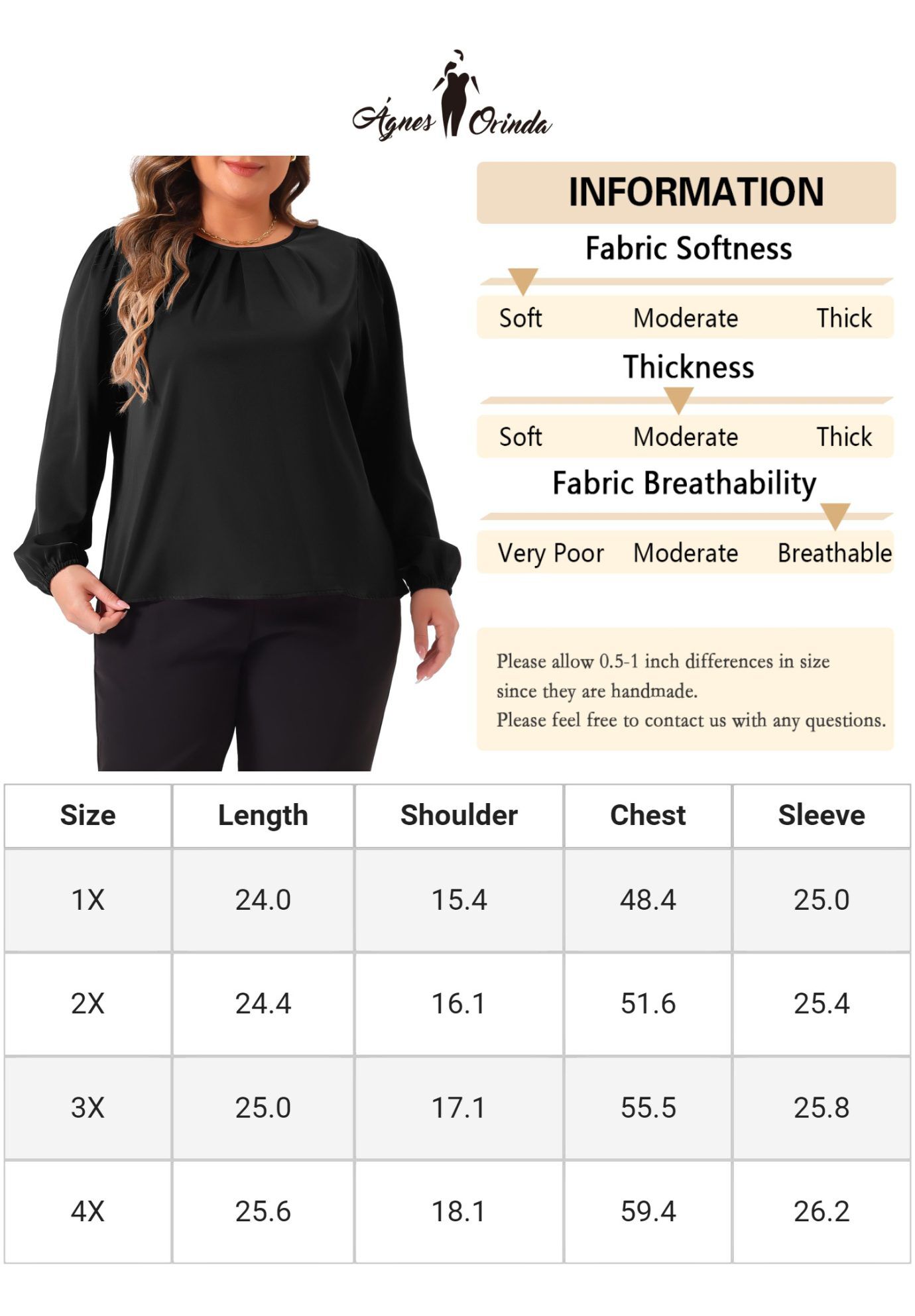 Crew Neck Pleated Work Office Long Sleeve Blouse, Black / Black, alternate image number 4