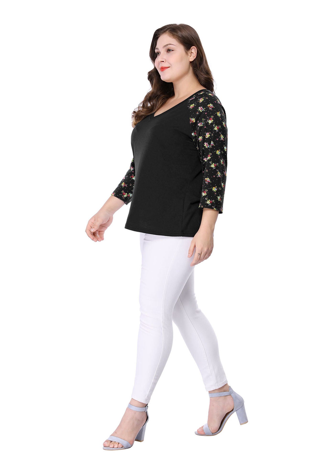 Casual V Neck 3/4 Sleeve Floral Raglan Top, Black / Black, alternate image number 3