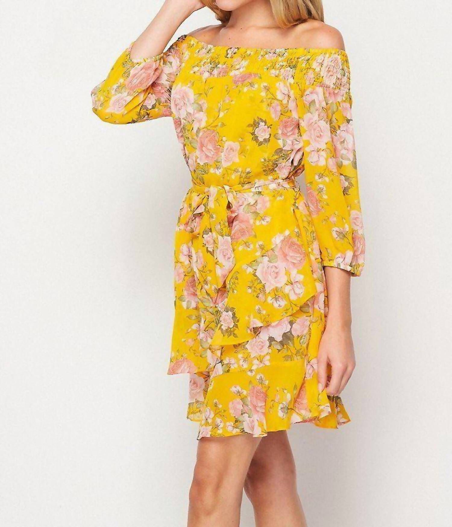FLORAL OFF THE SHOULDER MINI DRESS IN YELLOW MULTI, , alternate image number 8