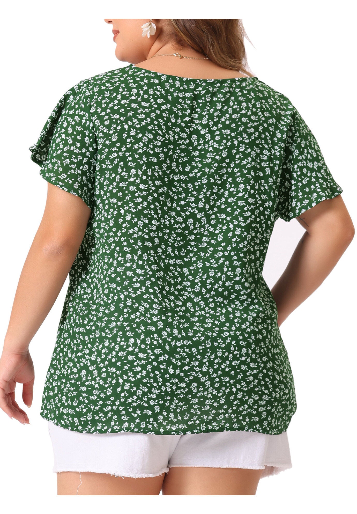Flare Sleeve Round Neck Dense Floral Peplum Blouses, Green / Olive Green, alternate image number 3
