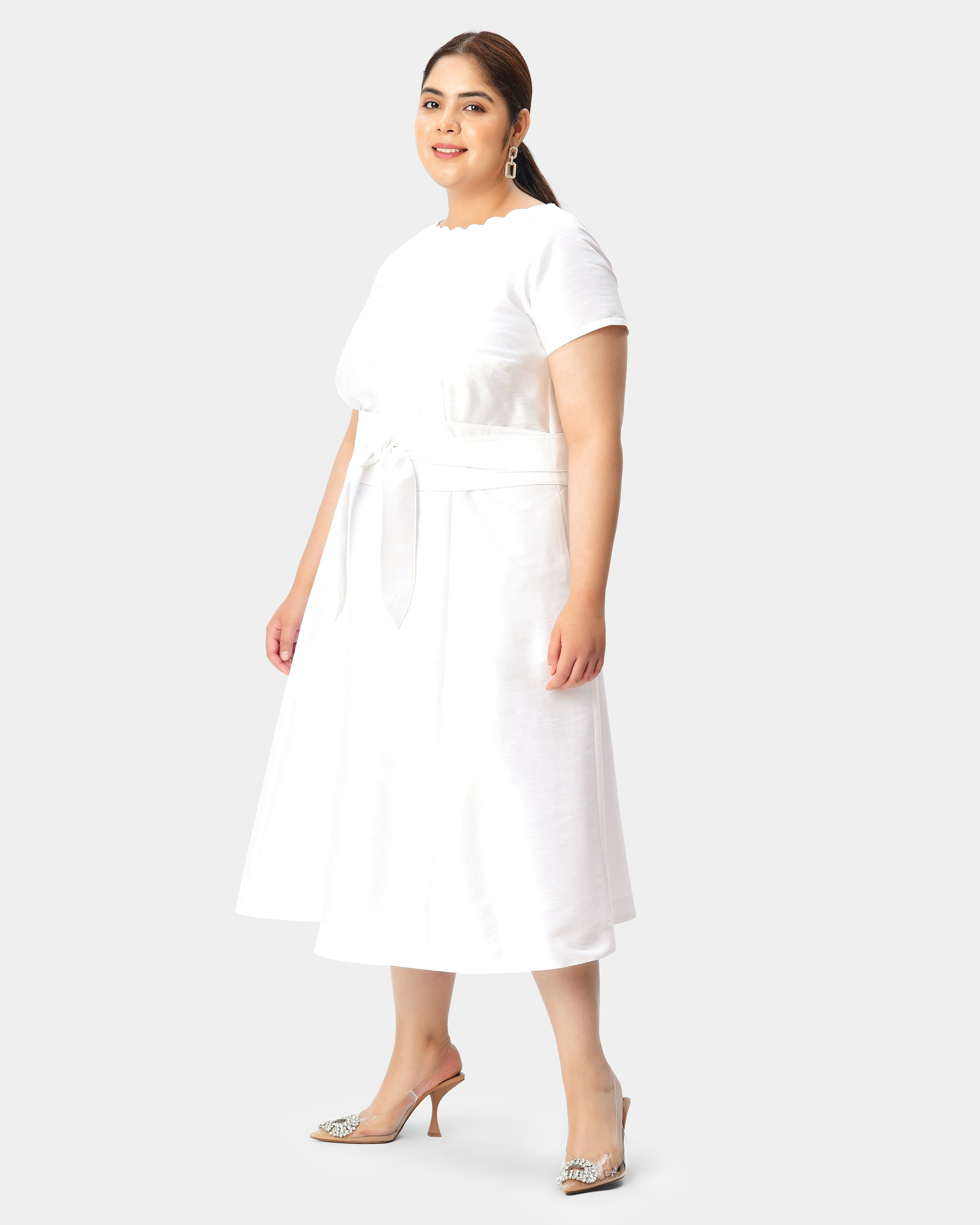 Obi belt dupioni scallop trim boatneck dress, White / White, alternate image number 1