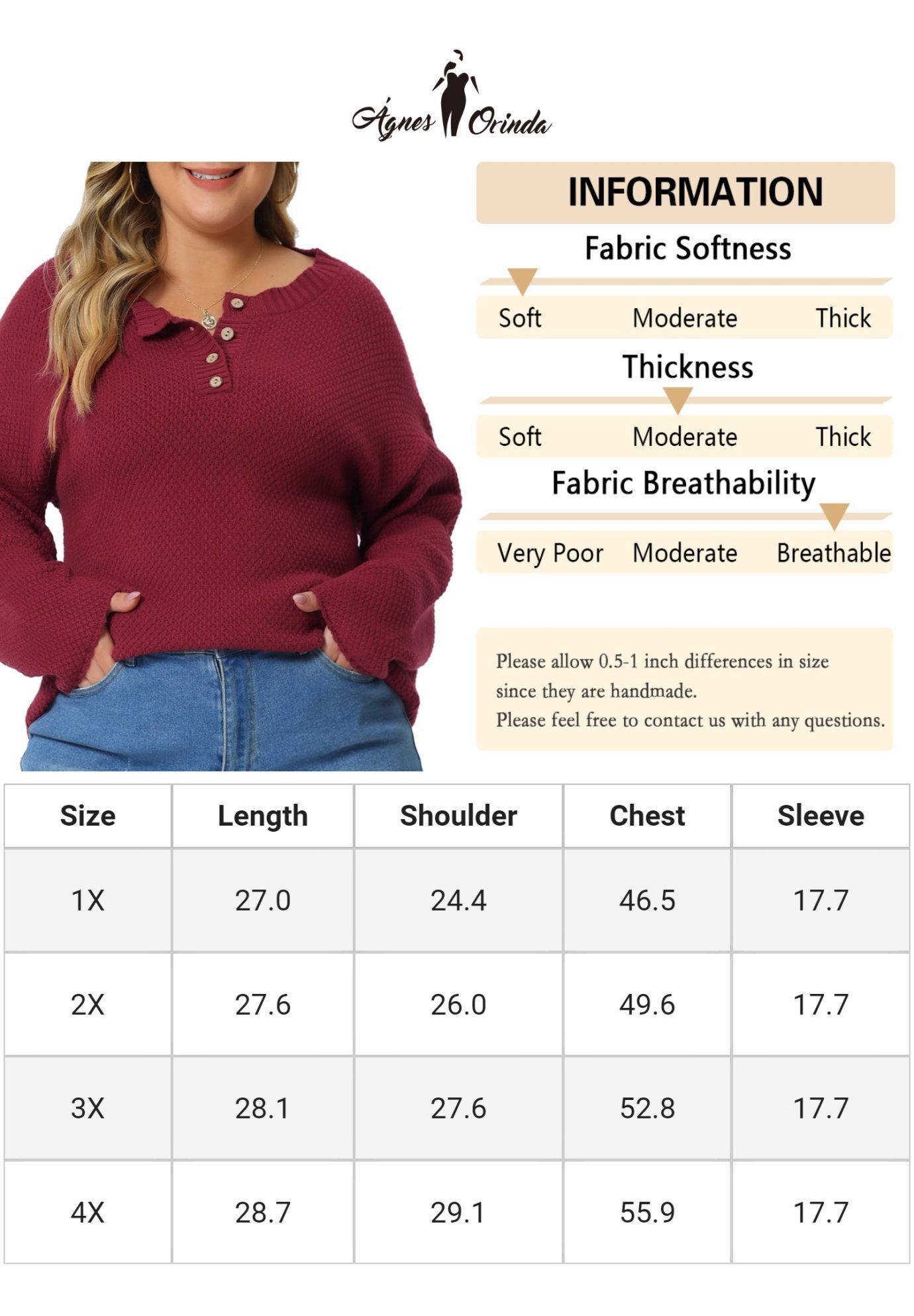 Round Neck Long Sleeve Button Knit Pullover Sweater Top, Wine / Burgundy, alternate image number 4