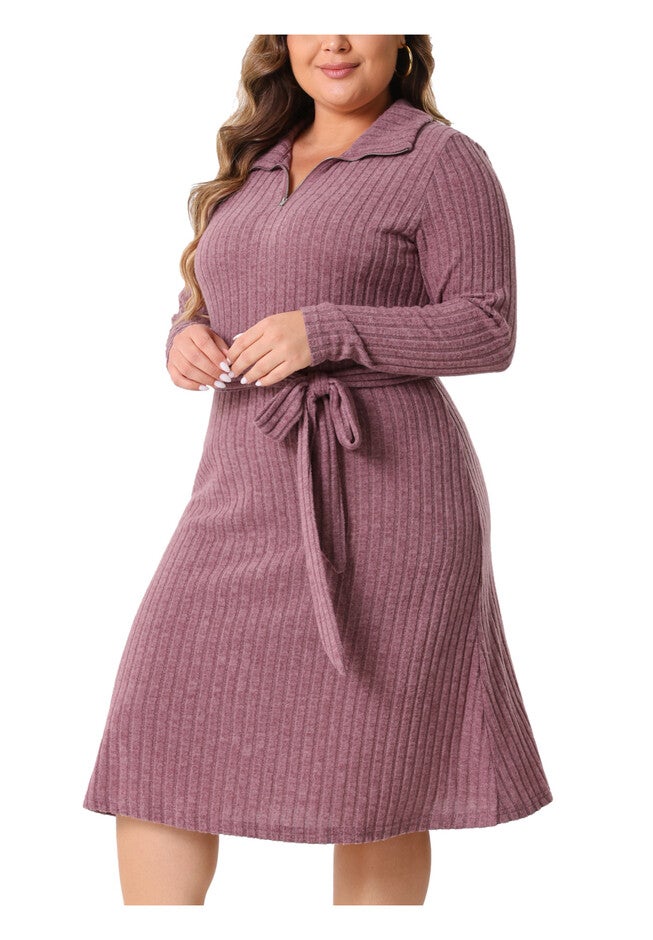 Ribbed Sweater Half Zip Front Tie Waist Knit Midi Dress with Belt, Purple / Purple, alternate image number 1