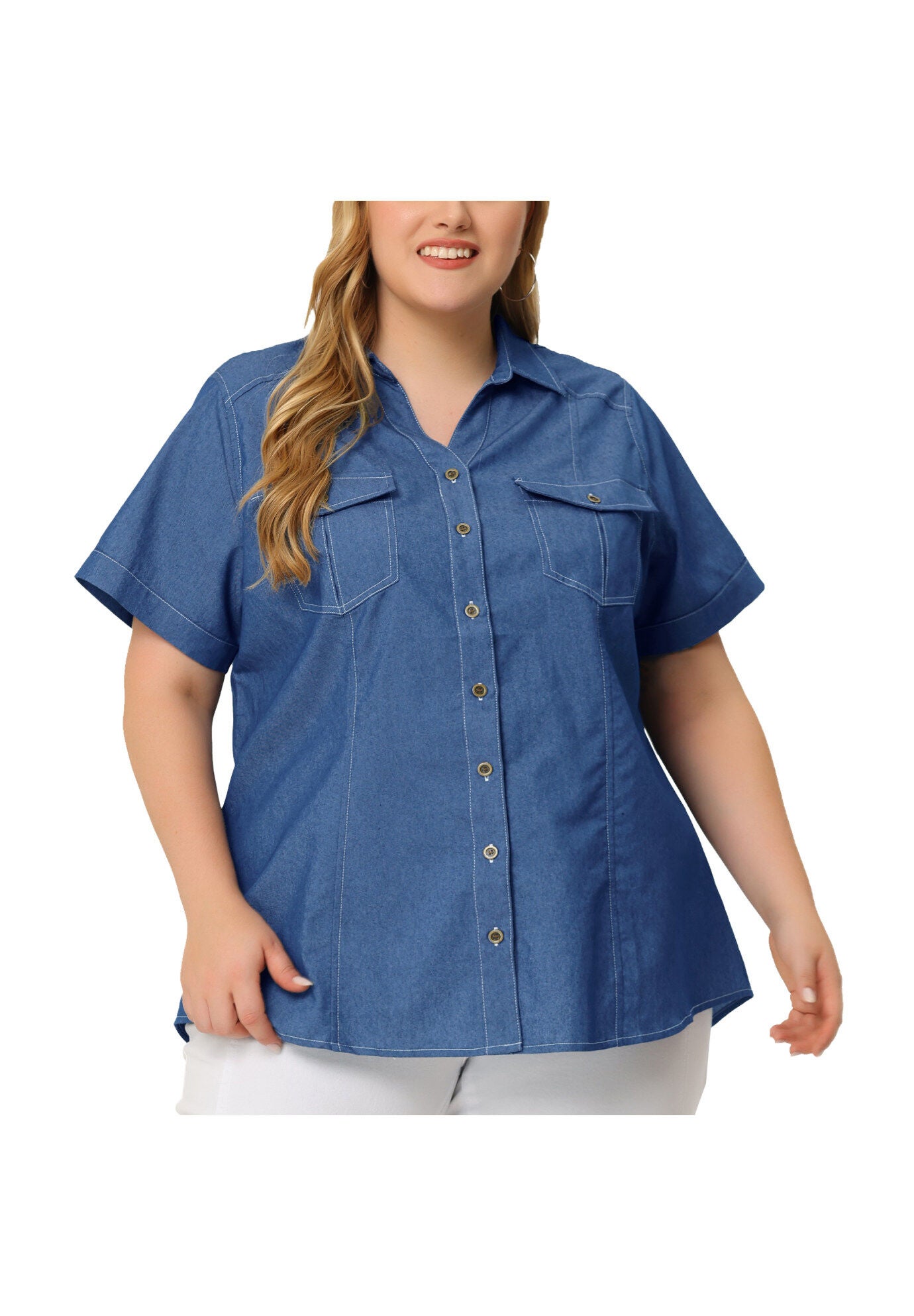 Workwear Short Sleeve Button Down Chambray Shirt, Dark Blue / Navy, alternate image number 1
