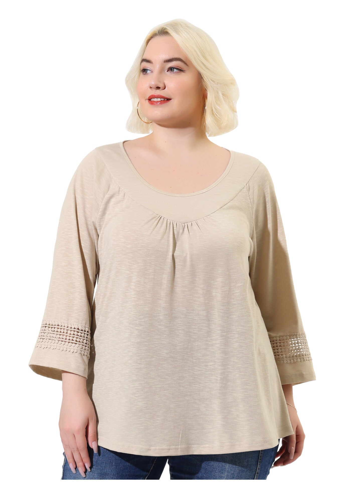 CROCHET PANEL HOLLOW OUT PLEATED TUNICS BLOUSE TOP, Apricot / Beige, alternate image number 2