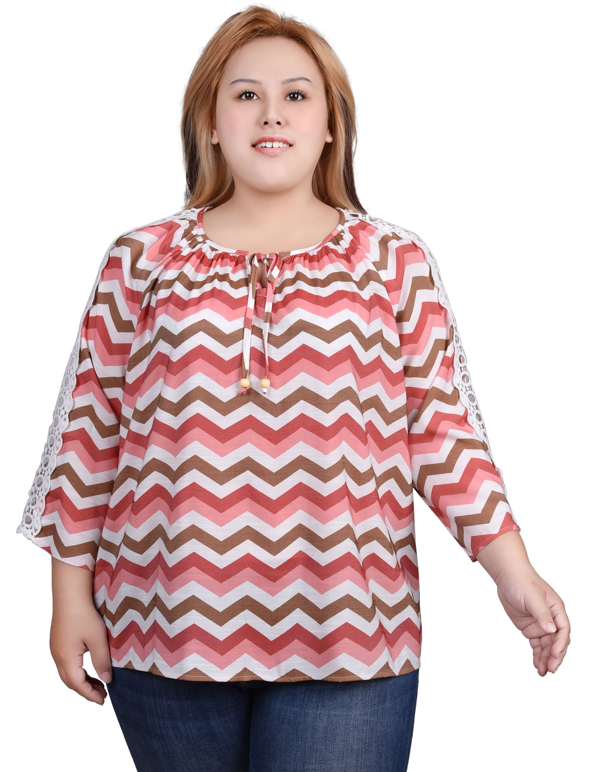 3/4 Sleeve Crochet Detail Blouse, Pink Wht Chevron / pink, hi-res image number 0