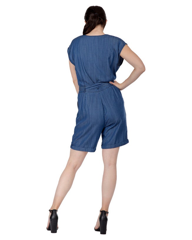 Eleanor Women's Plus Size Cap Sleeve V-neck Front Tie Tencel Denim Romper, Indigo Rinse / Medium Wash, alternate image number 4