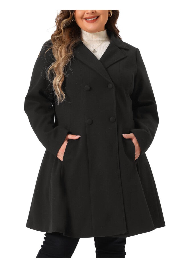Notch Lapel Double Breasted A Line Peacoat Trench Coat, Black / Black, alternate image number 1
