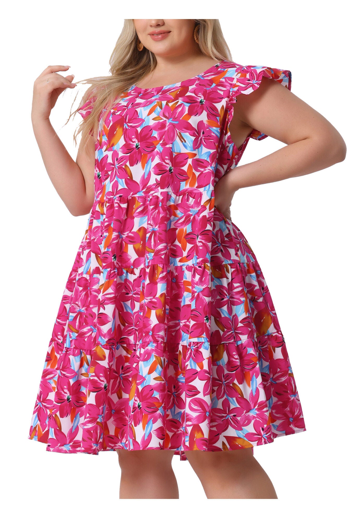 Summer Flutter Sleeves Floral Print Tiered Babydoll Ruffle Dress, Red / Red, alternate image number 1