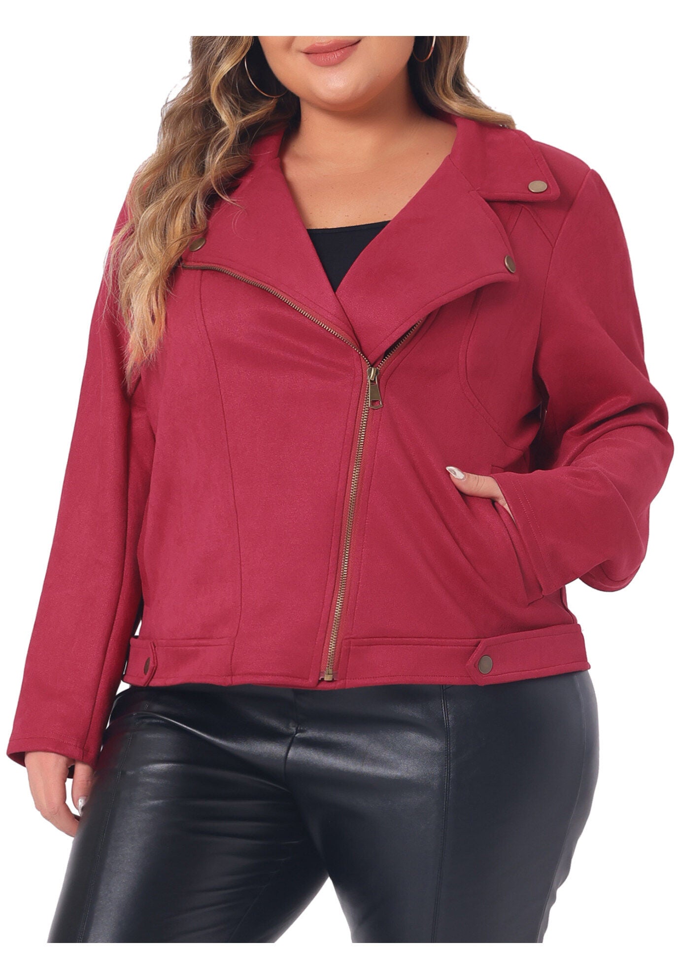 FAUX SUEDE ZIPPER CROP MOTO BIKER JACKET, Burgundy / Red, alternate image number 1