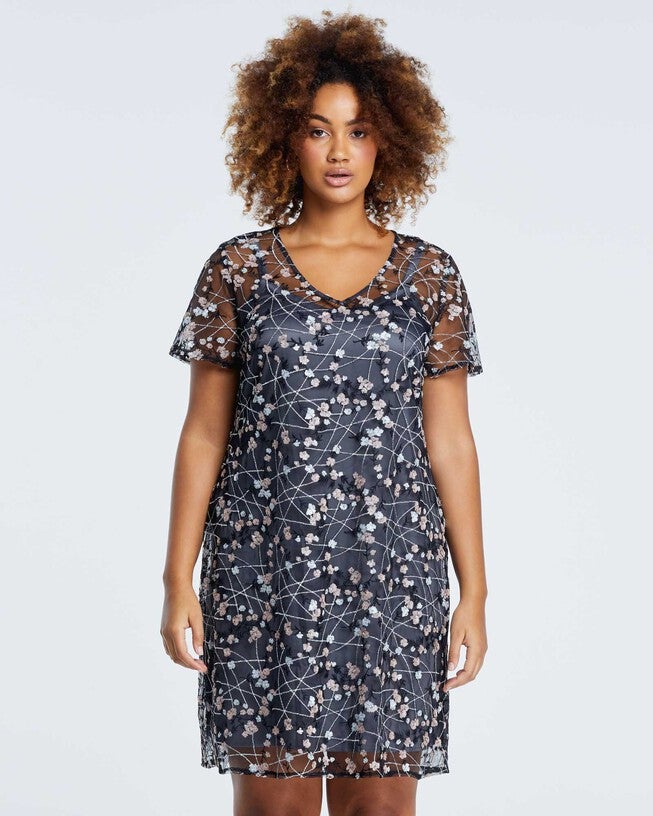 Rhea Embroidered Mesh Dress, Multi / Charcoal Grey, alternate image number null