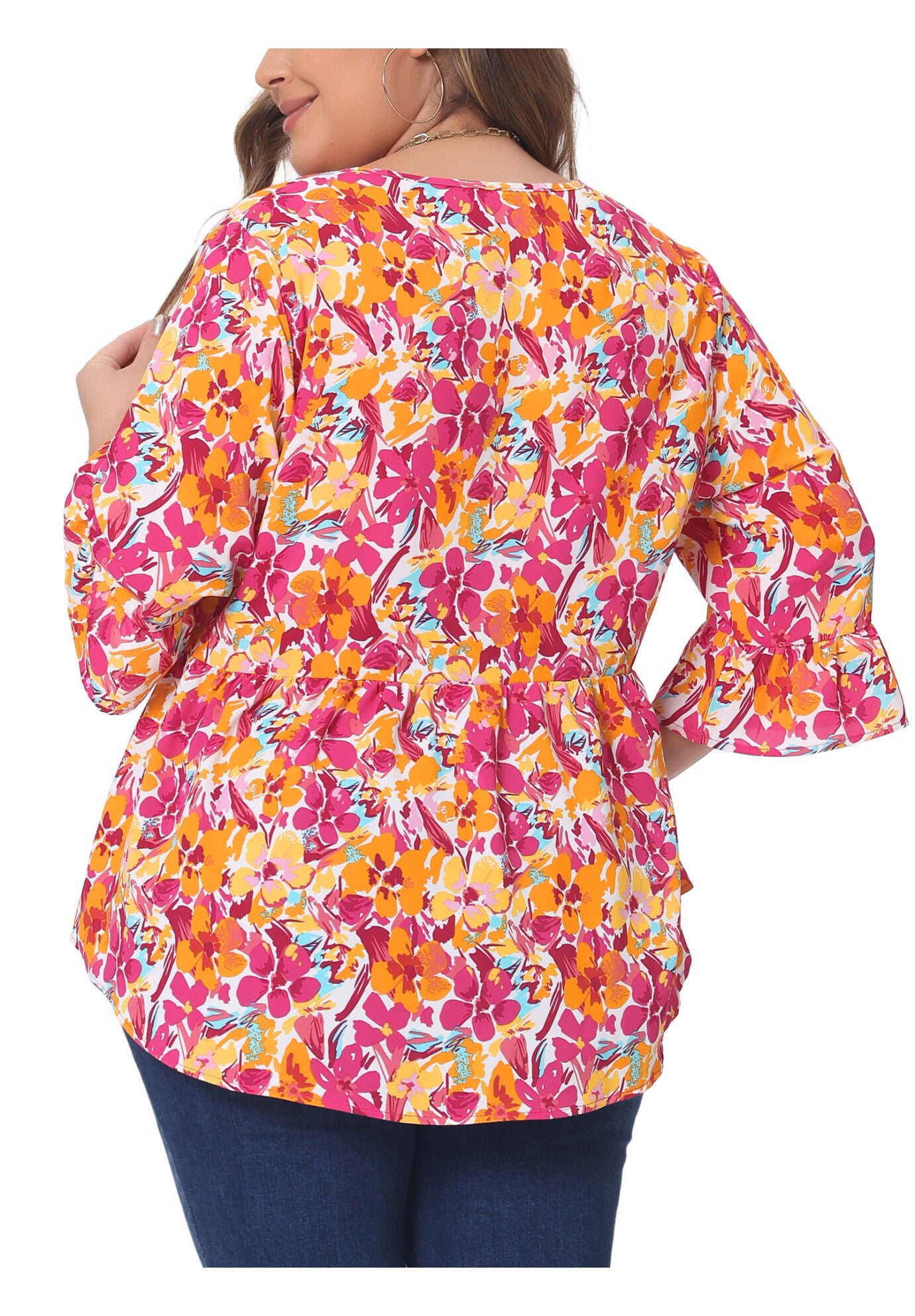 Floral V Neck Ruffle Sleeve Babydoll Peplum Blouse, Orange / Orange, alternate image number 3