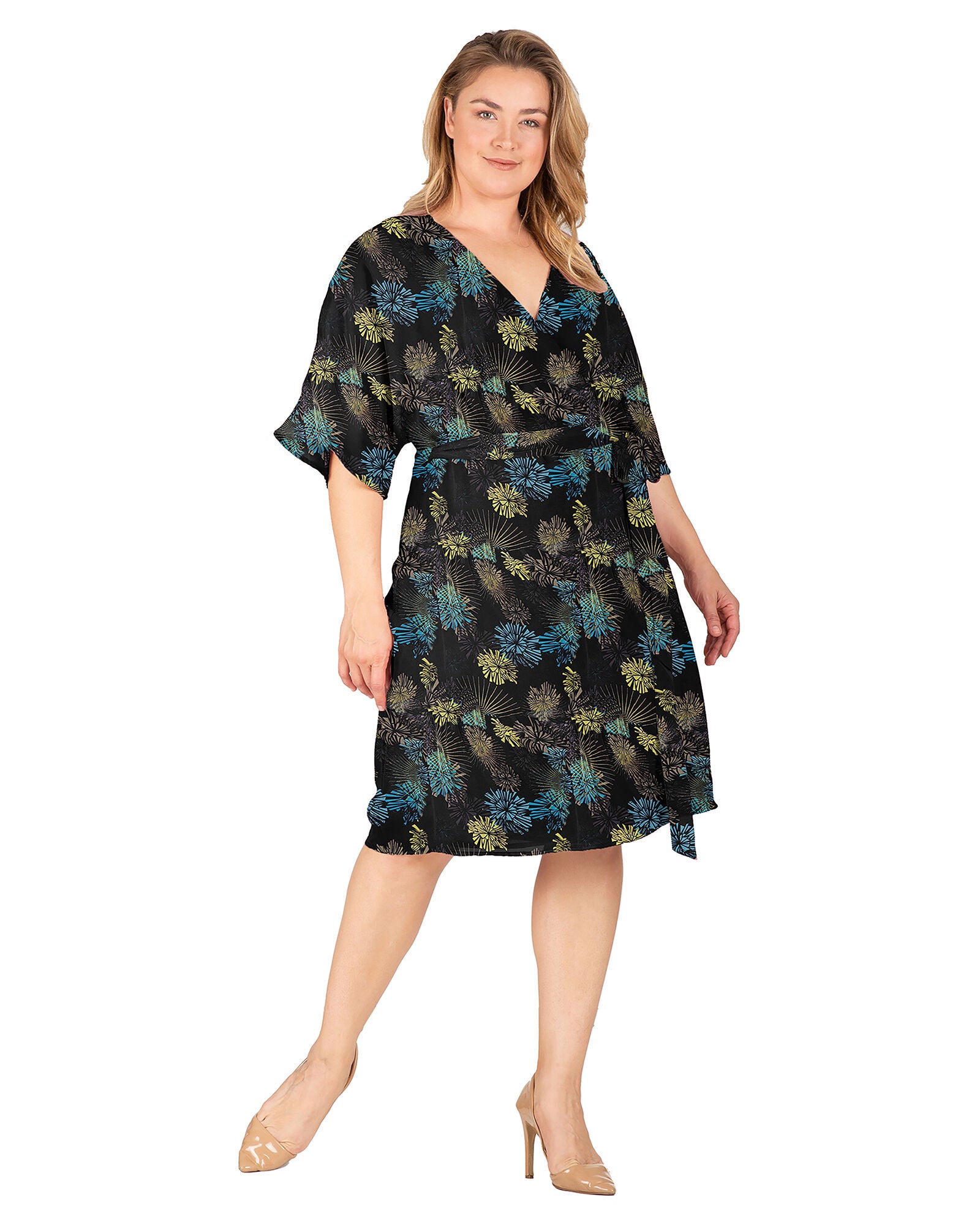 Plus Size Candice V-Neck Kimono Wrap Midi Dress, Smoke Gray No image / Black, alternate image number 1