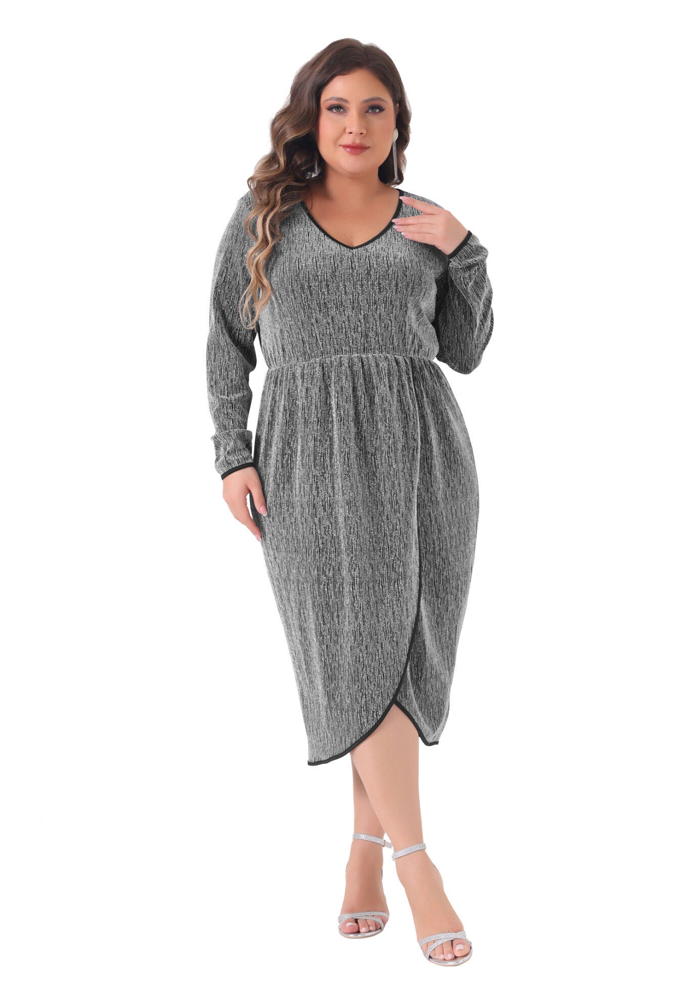 Sparkly Glitter V Neck High Slit Sequin Dress, Silver / Silver, hi-res image number 0